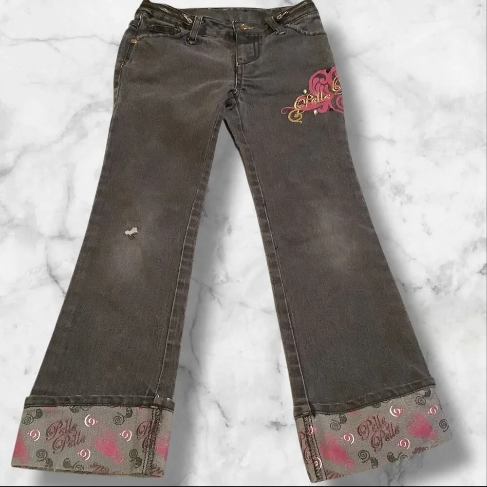 PellePelle Girls Size 6X Black Jeans With Belle Belle Design & Embroidered Cuffs